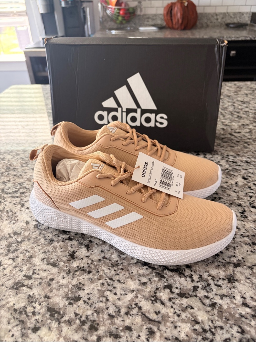 NWT Men 7.5 adidas Tan Athletic Sneakers with White Stripes